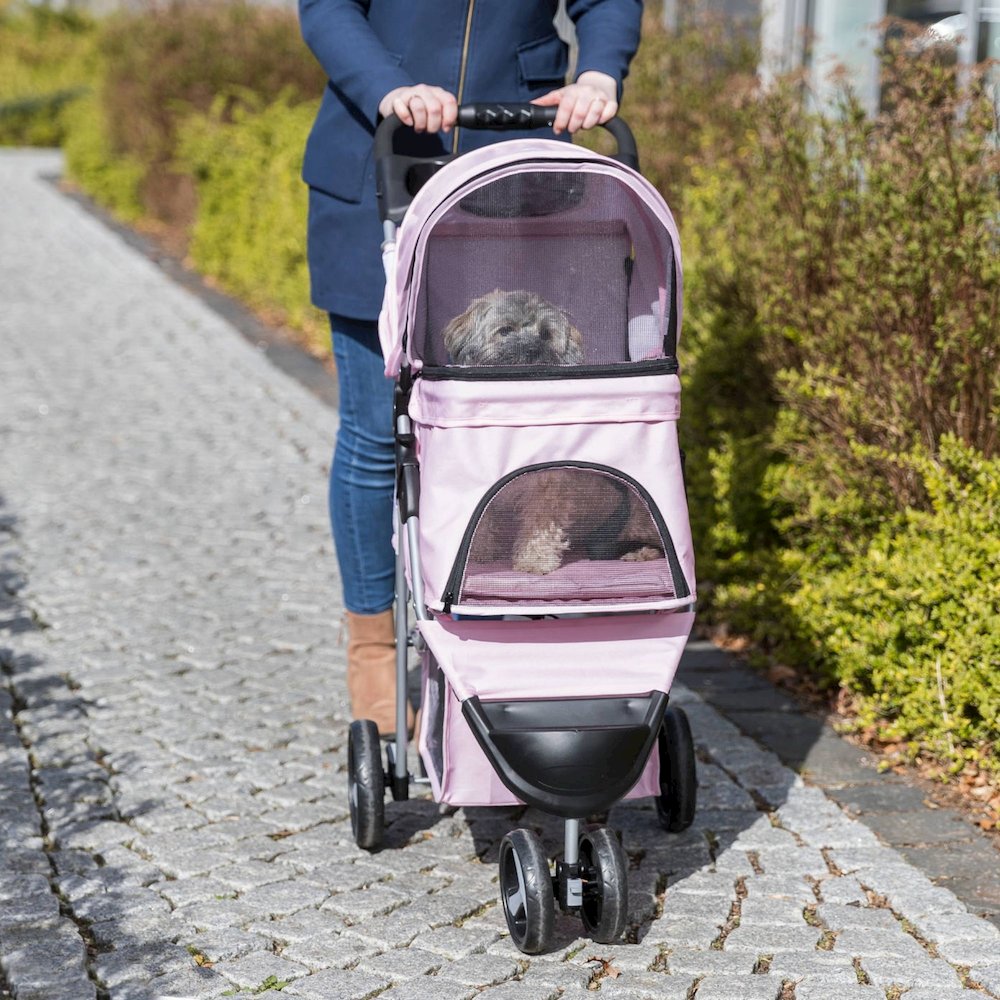 3-Wheeled Foldable Dog & Cat Stroller with Canopy and Storage Compartments, Pink