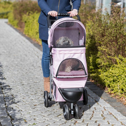 3-Wheeled Foldable Dog & Cat Stroller with Canopy and Storage Compartments, Pink