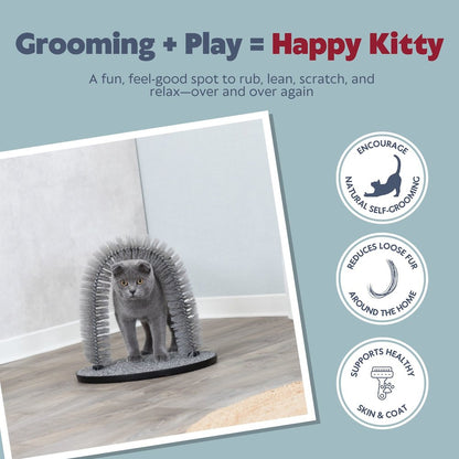 Cat Massager and Self Grooming Arch, Bristle Ring Brush, Carpet Scratcher, Gray