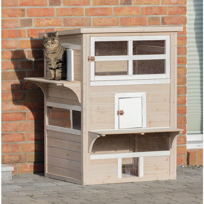 Outdoor 3-Story Cat House, Weatherproof Cat Shelter, Escape Doors and Windows