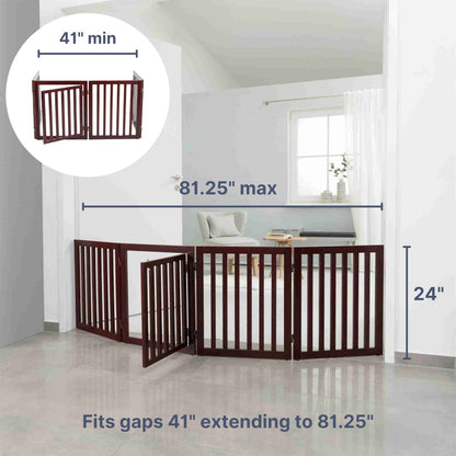 4-Panel Convertible Wooden 80" Freestanding Pet Gate - Pen with Pet Door, Brown
