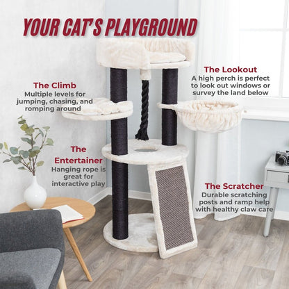 Bovina Plush & Sisal 3-Level 55.5" Cat Tree, Scratching Posts & Hammock, Black