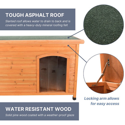 Classic Insulated Weatherproof Wooden Small Outdoor Dog House w-Hinged Roof