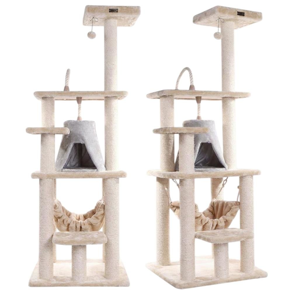 Faux Fur Cat Tree with Sisal Rope Posts, Hammock and Soft-Side Playhouse