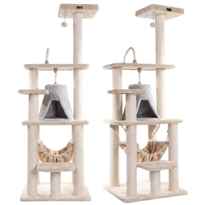 Faux Fur Cat Tree with Sisal Rope Posts, Hammock and Soft-Side Playhouse