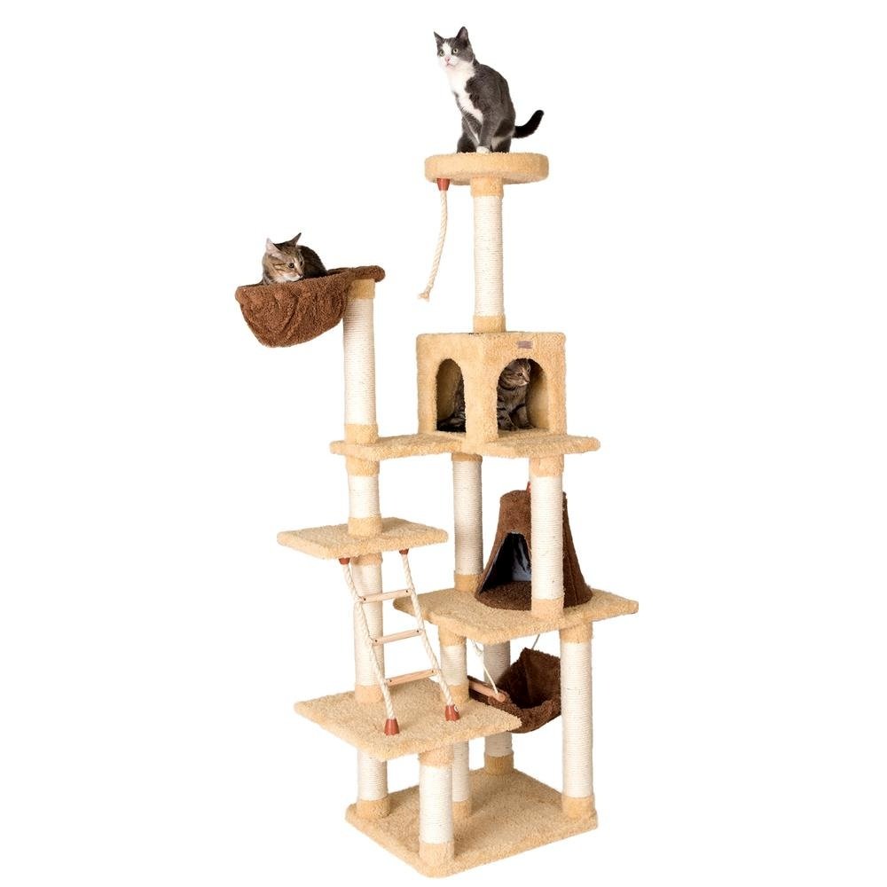 Wood Cat Climber Play House, Cat Furniture With Playhouse,Lounge Basket, In Gold