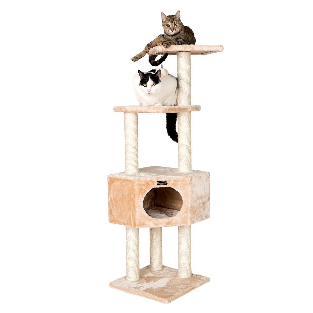 3 Tier Real Wood Cat Tree, Scratch Furniture, Beige