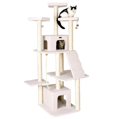 Classic Real Wood Cat Tree In Ivory, Multi Levels With Ramp